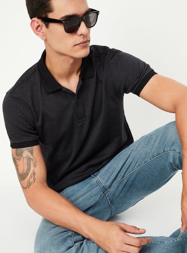 Buy Men Slim Fit Patterned Polo T-shirt Online at just Rs. 799.0