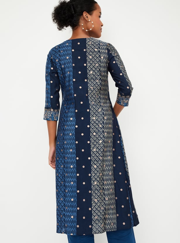 Multi Printed 3/4 Sleeve Cotton A-Line Kurta