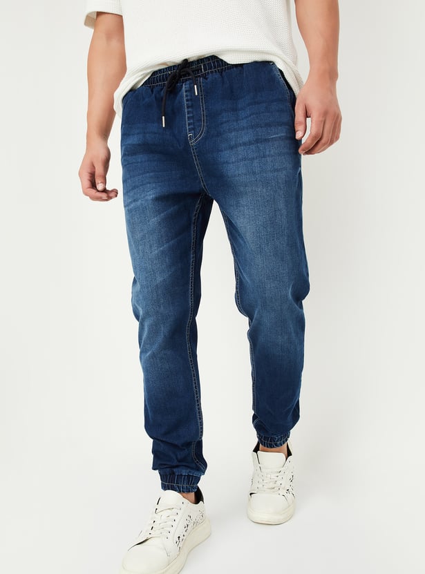 Men Carrot Fit Washed Denim Joggers