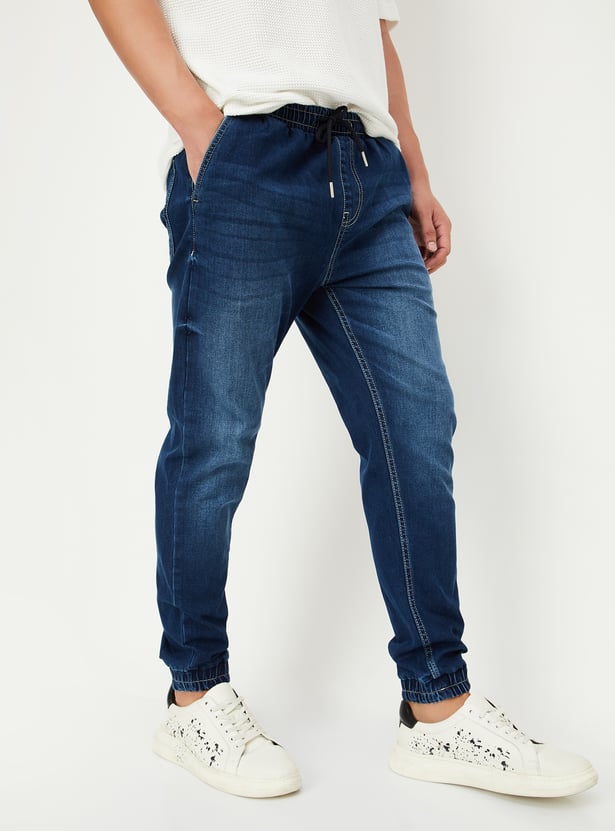 Men Carrot Fit Washed Denim Joggers