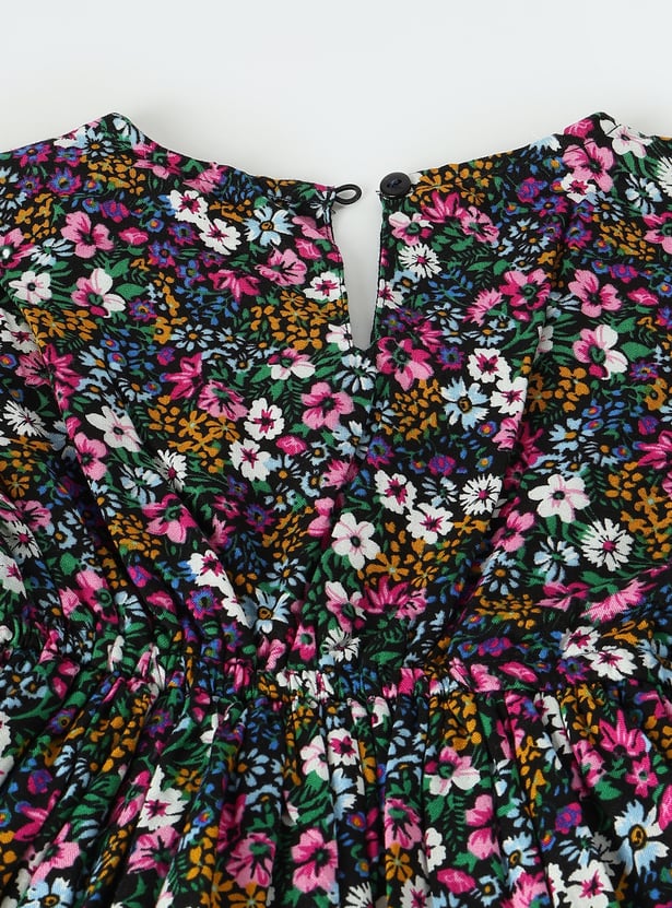 Girls Blue Floral Printed Fit And Flared Dress With Shrug main image 1