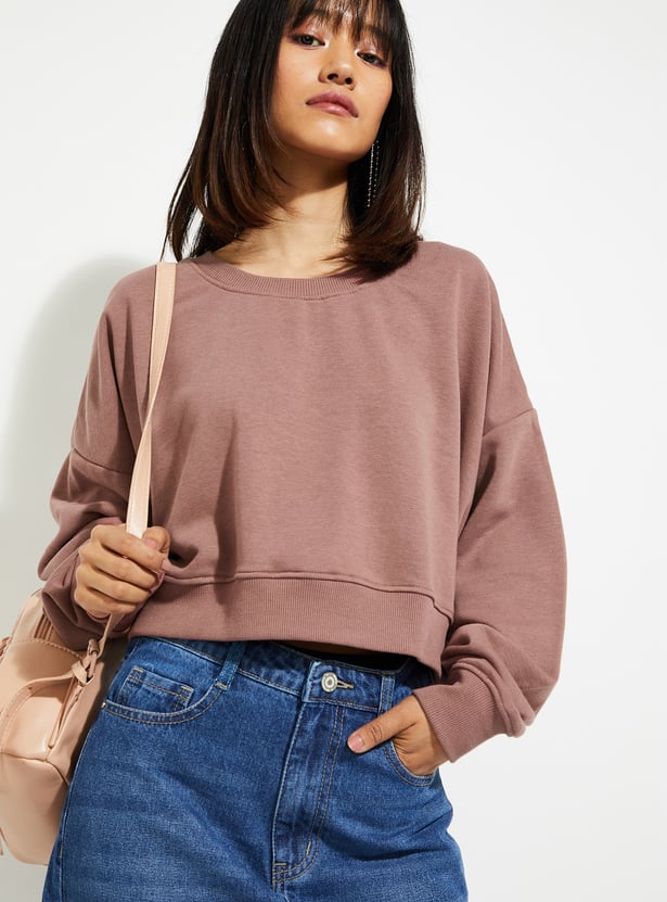 URB_N Women Solid Boxy Cropped Sweatshirt