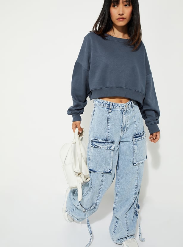 URB_N Women Solid Boxy Cropped Sweatshirt