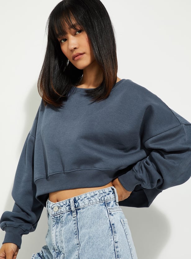 URB_N Women Solid Boxy Cropped Sweatshirt