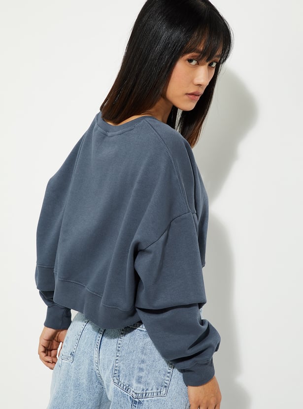 URB_N Women Solid Boxy Cropped Sweatshirt