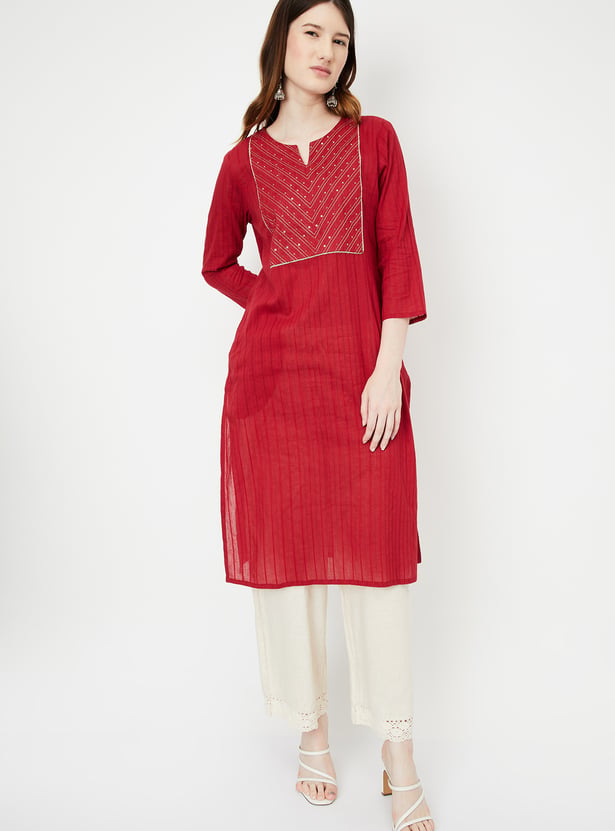 Vastraa Fusion Women Red Embroidered Straight Kurti