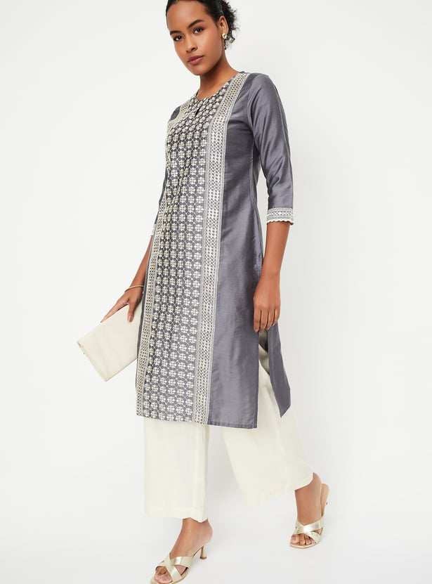 Women's Embellished Grey Straight Kurta
