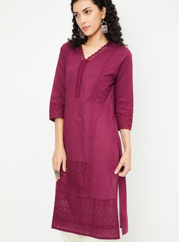 Women Schiffli Straight Kurta