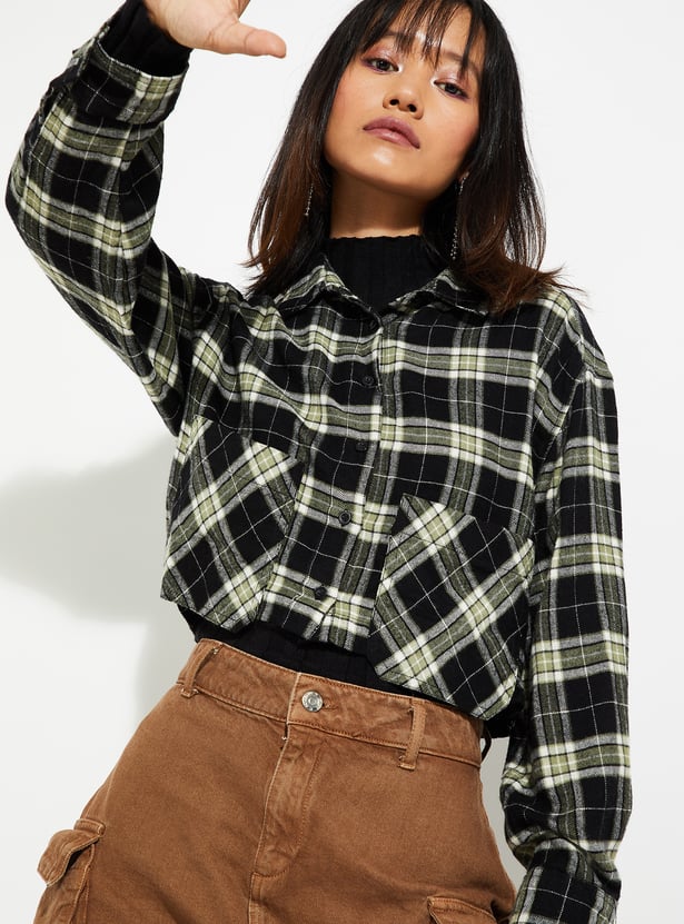 ALAYA F x URB_N Women Checked Yarn Dyed Cropped Shirt