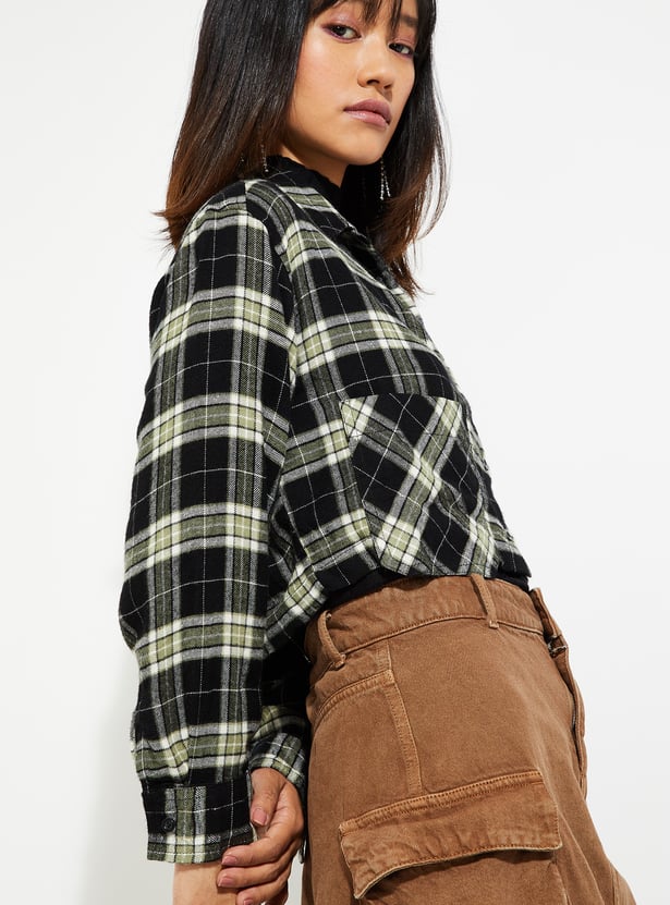 ALAYA F x URB_N Women Checked Yarn Dyed Cropped Shirt