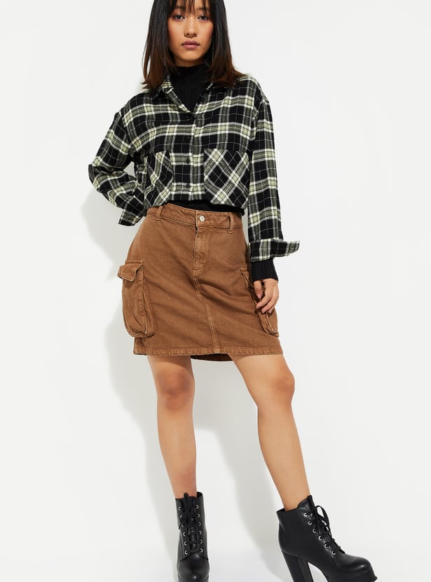 ALAYA F x URB_N Women Checked Yarn Dyed Cropped Shirt