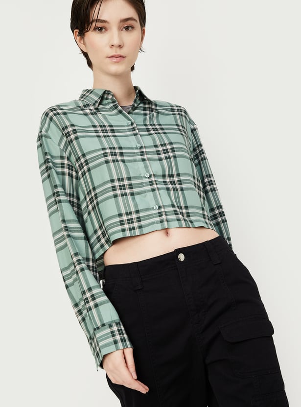 Women Checked Cropped Shirt