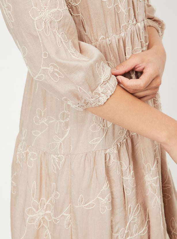 Off White-Blue Cotton Flax Bohemian Embroidered Tiered Dress with Neck Tie-up