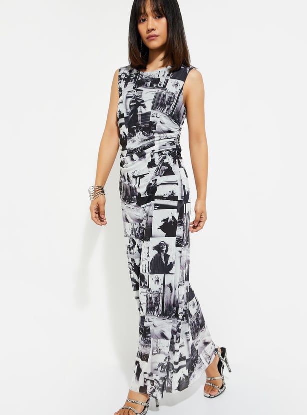 URB_N Women Printed Ruched Mesh Dress