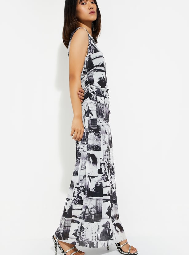 URB_N Women Printed Ruched Mesh Dress