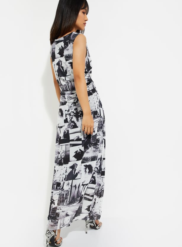 URB_N Women Printed Ruched Mesh Dress