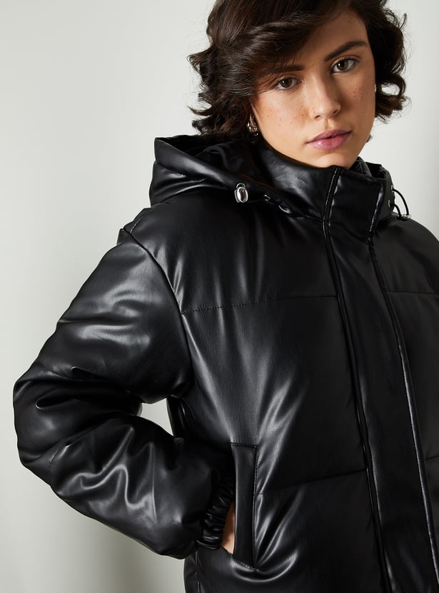 Women Solid Puffer Jacket with Hood