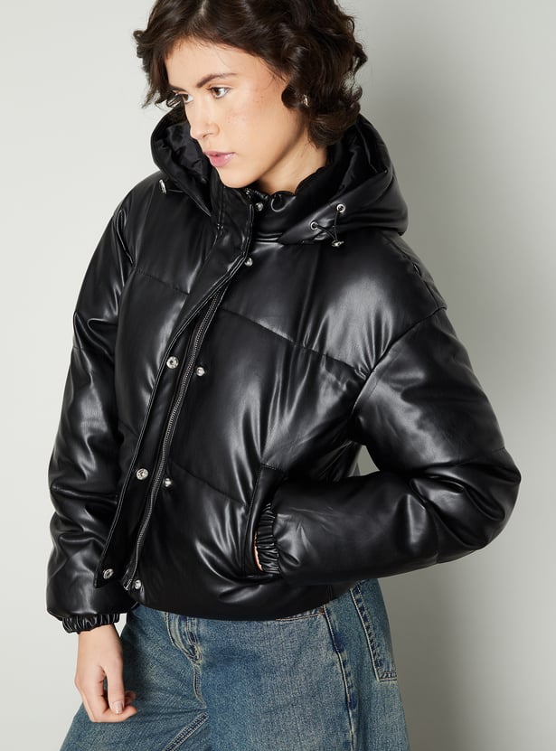 Women Solid Puffer Jacket with Hood