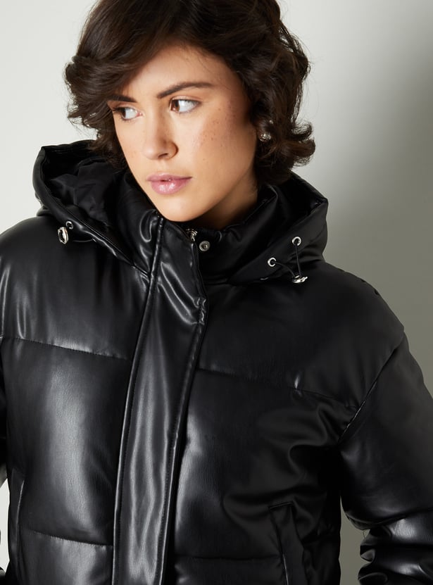 Women Solid Puffer Jacket with Hood