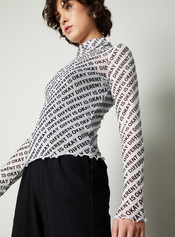 Women Typographic Printed Mesh Top