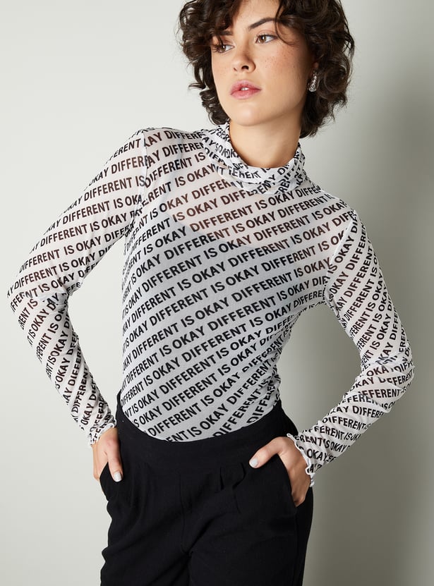 Women Typographic Printed Mesh Top