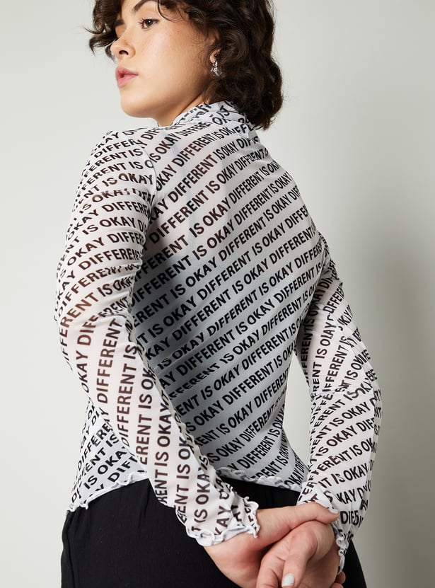 Women Typographic Printed Mesh Top