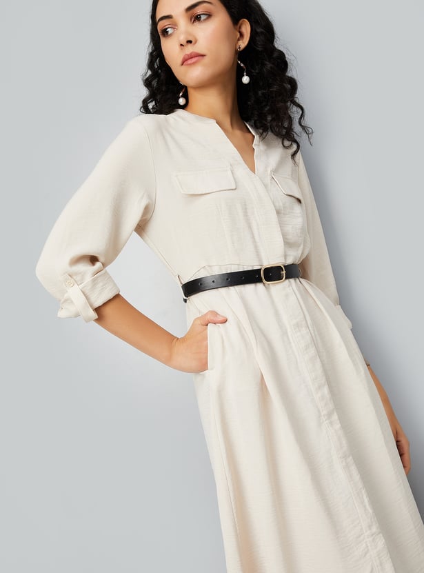 Women Solid Belted Shirt Dress