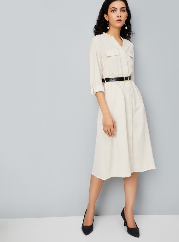 Women Solid Belted Shirt Dress