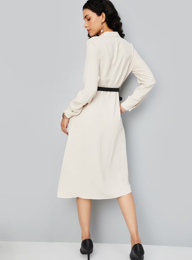 Women Solid Belted Shirt Dress