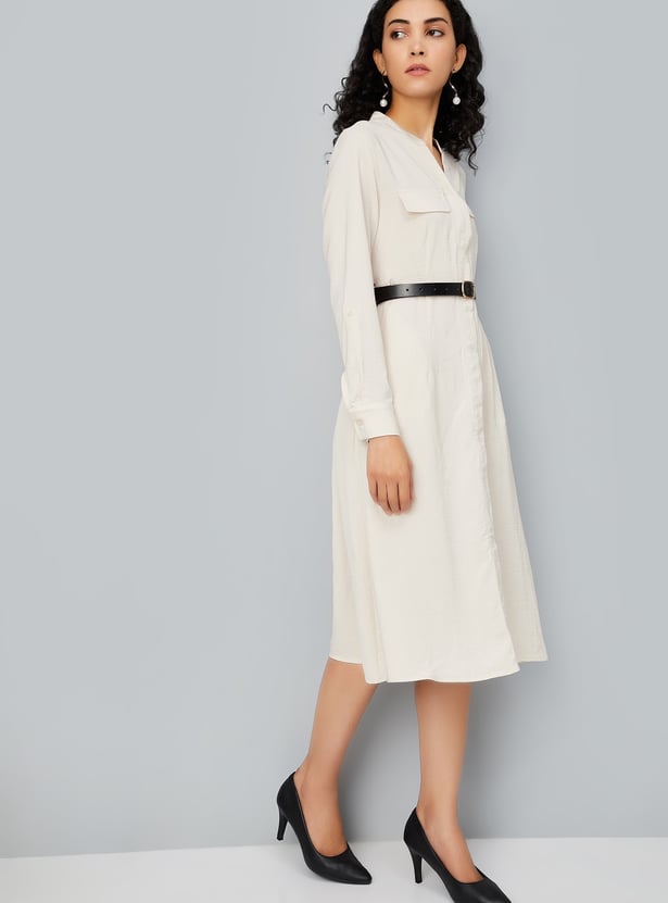 Women Solid Belted Shirt Dress