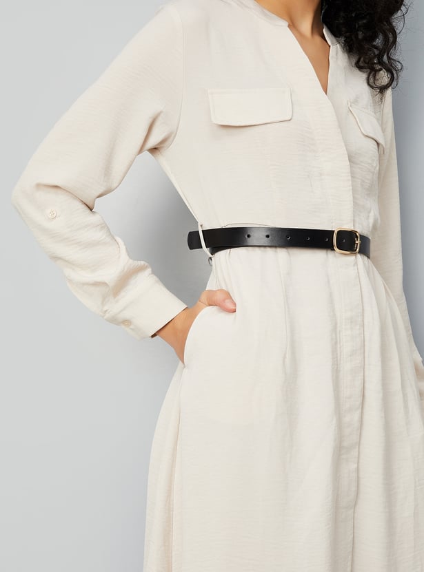 Women Solid Belted Shirt Dress