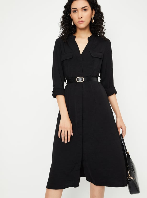 Women Solid Belted Shirt Dress