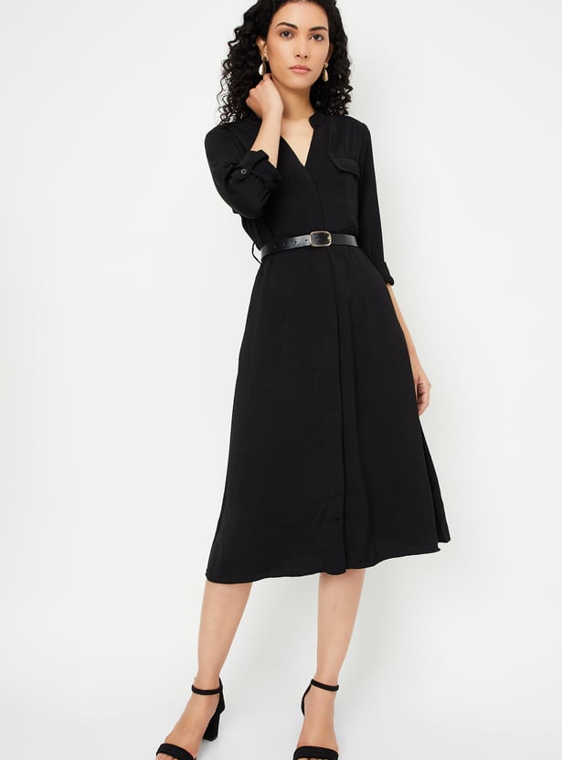 Women Solid Belted Shirt Dress