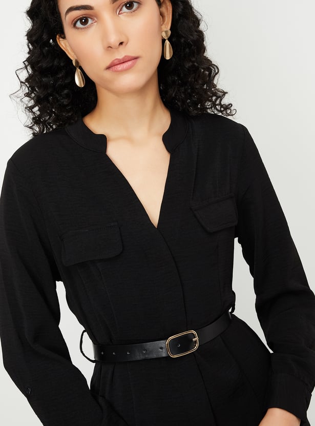 Women Solid Belted Shirt Dress