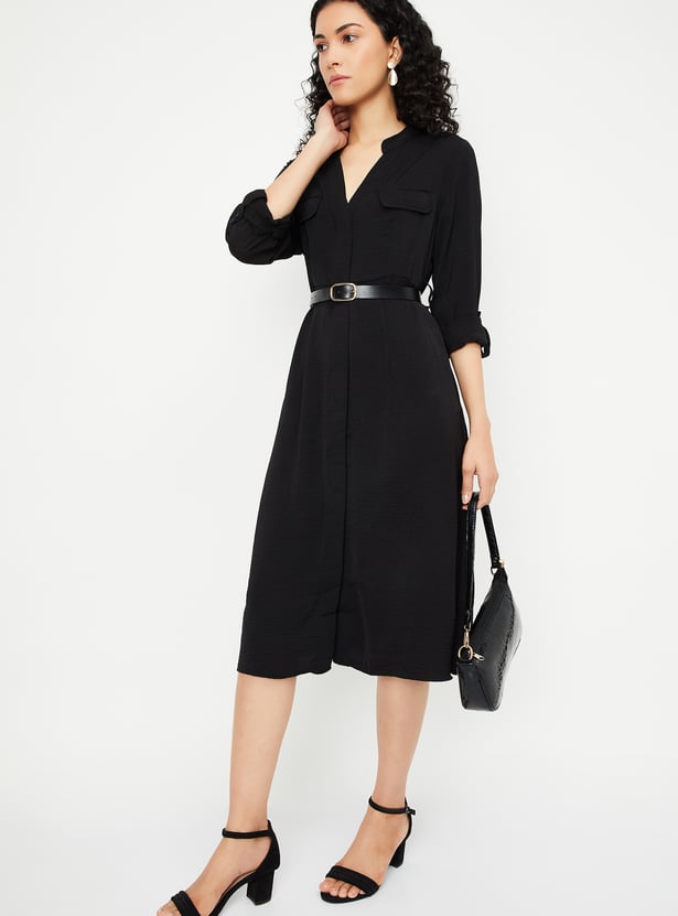 Women Solid Belted Shirt Dress