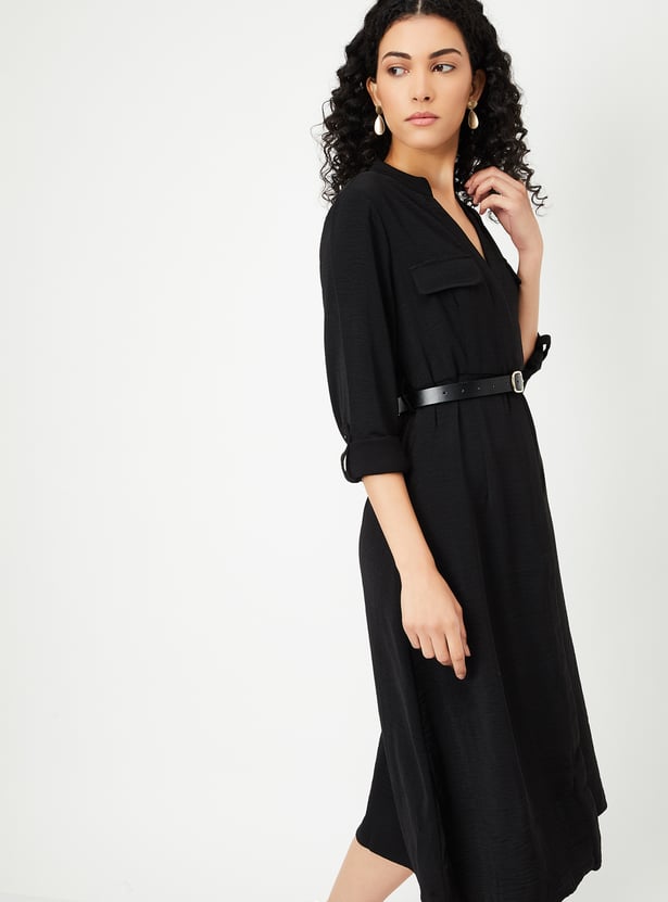 Women Solid Belted Shirt Dress