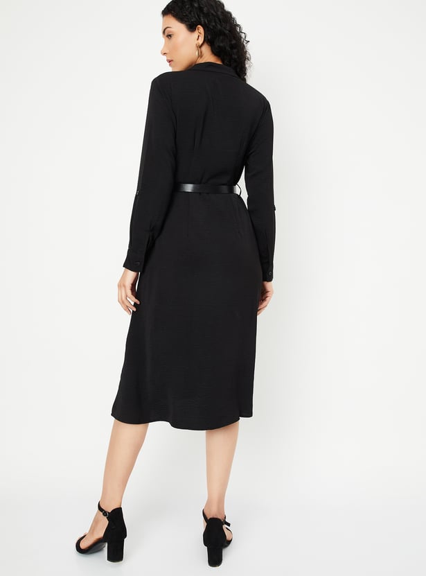 Women Solid Belted Shirt Dress