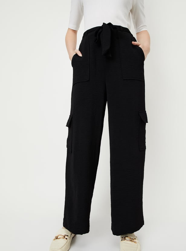 Women Textured Belted Cargo Trousers