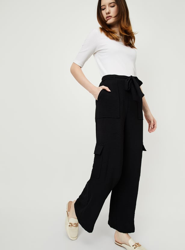 Women Textured Belted Cargo Trousers