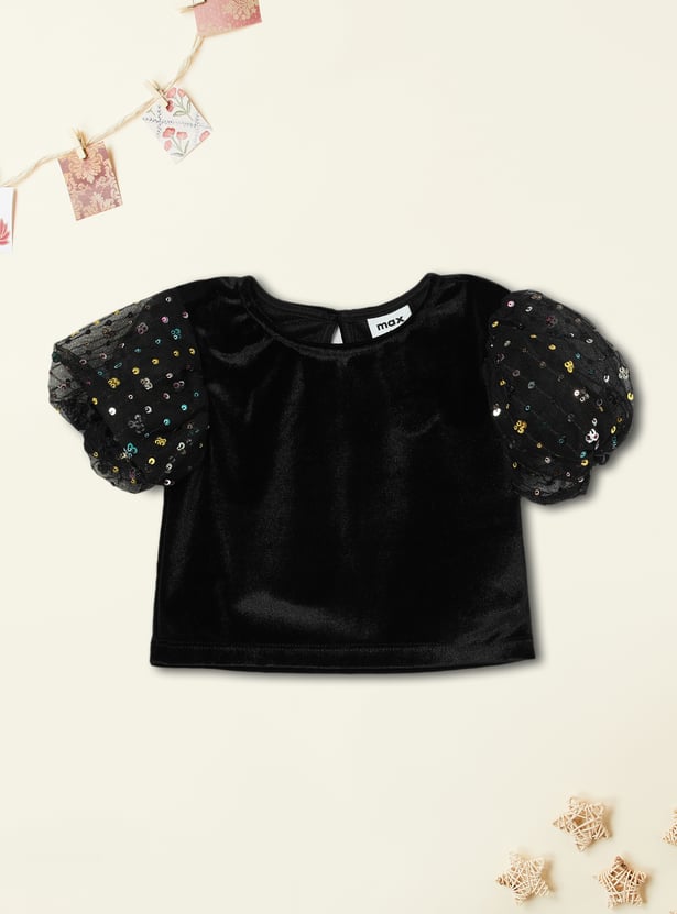 Girls Solid Puffed Sleeve Top