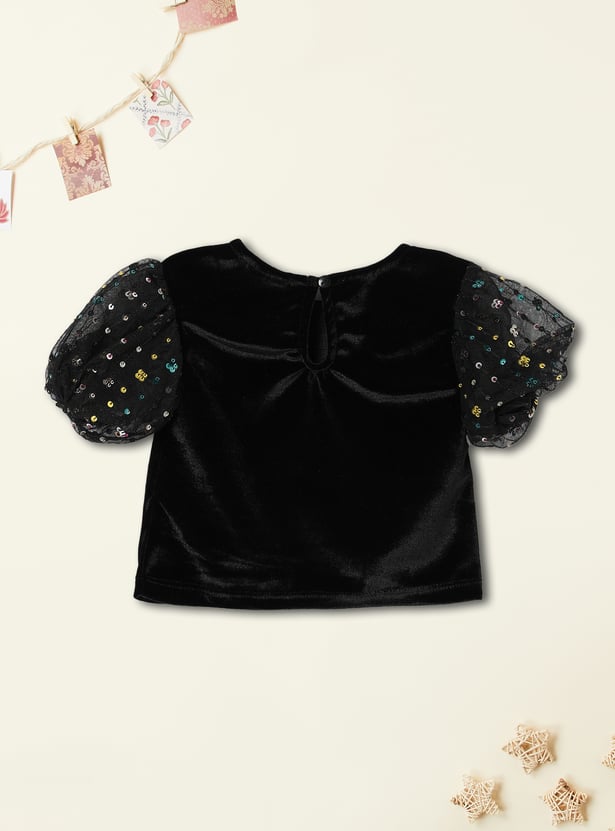 Girls Solid Puffed Sleeve Top