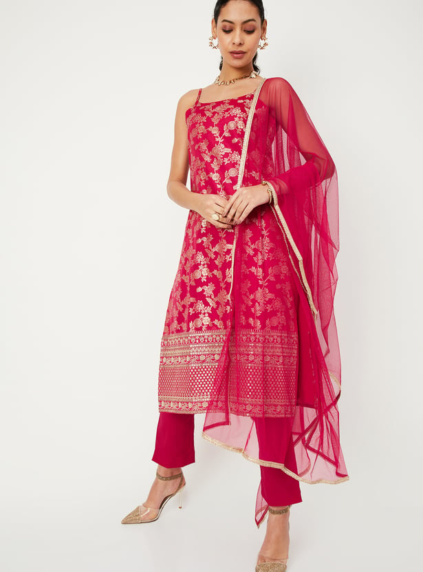 Woven Design Straight Kurta & Trousers Set