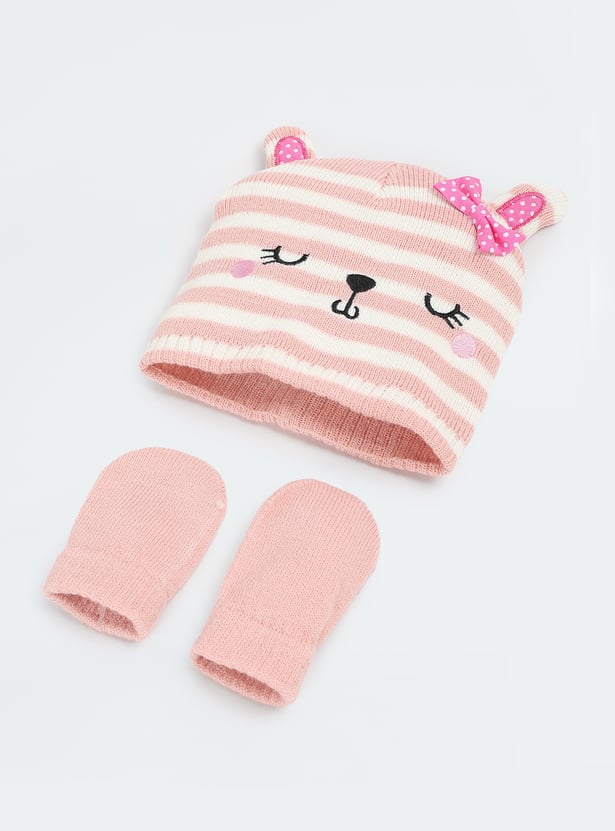 Girls Striped Beanie & Mitten Set