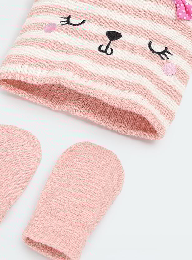 Girls Striped Beanie & Mitten Set