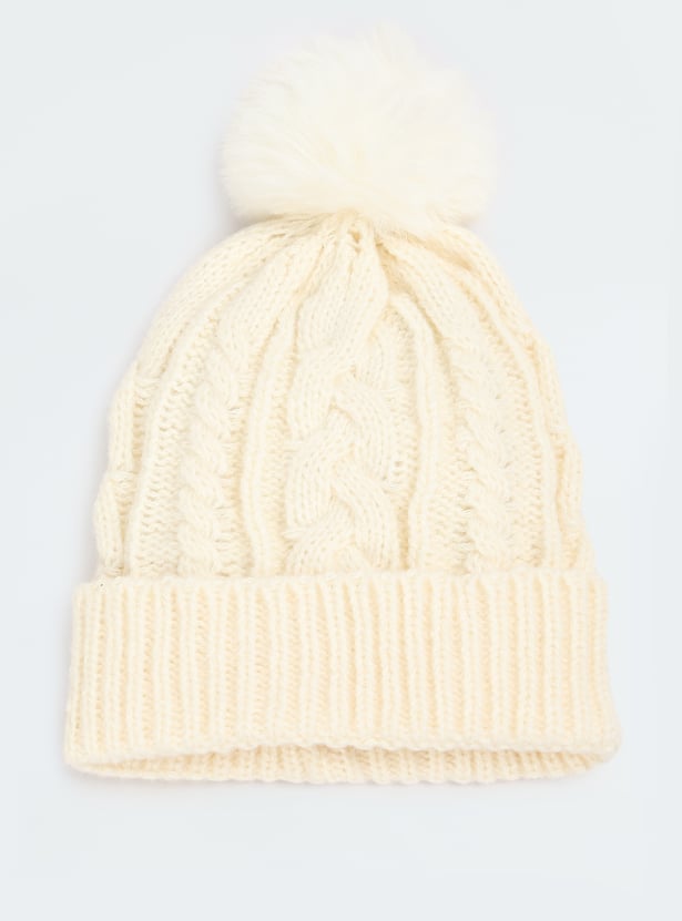 Women Cable Knit Beanie with Pom Pom