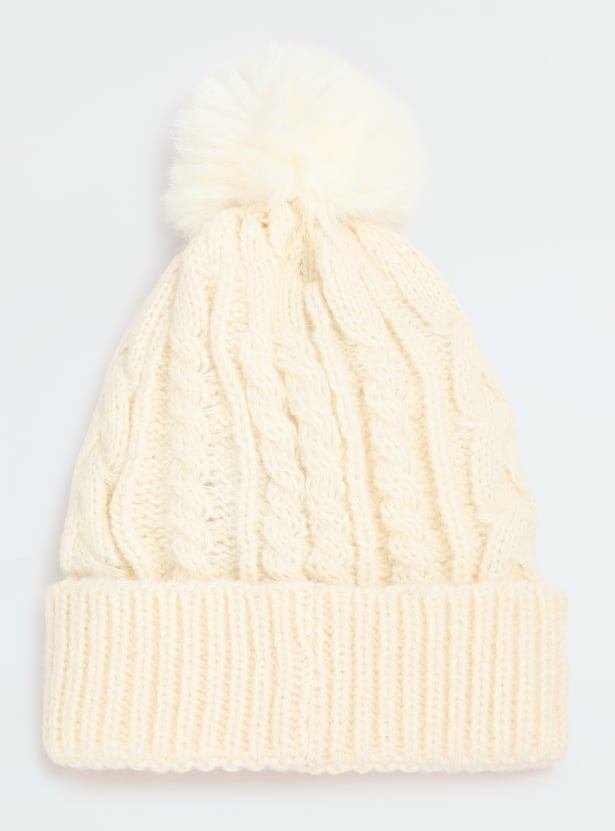 Women Cable Knit Beanie with Pom Pom