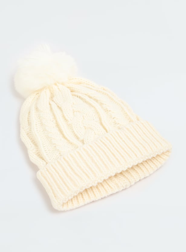 Women Cable Knit Beanie with Pom Pom