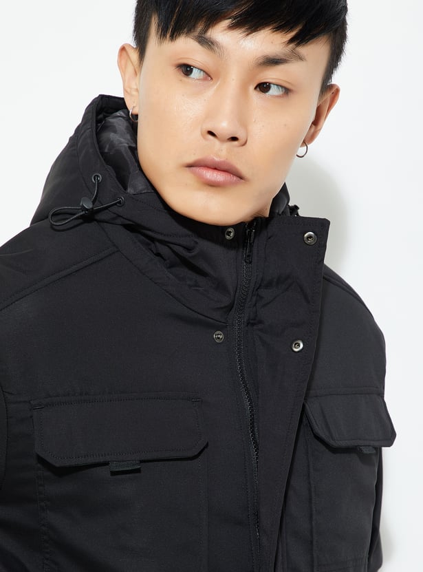 URB_N Men Solid Hooded Utility Jacket