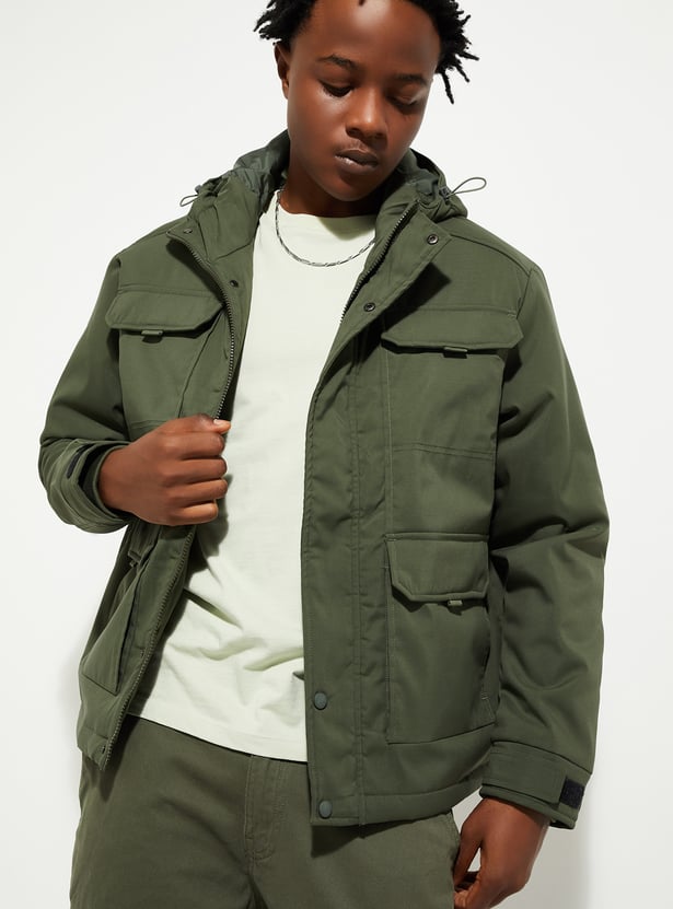 URB_N Men Solid Hooded Utility Jacket