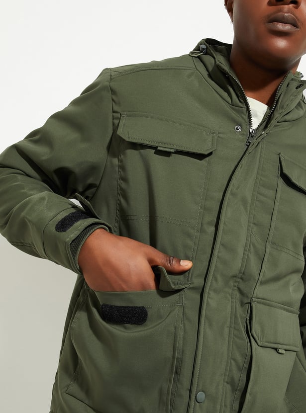 URB_N Men Solid Hooded Utility Jacket